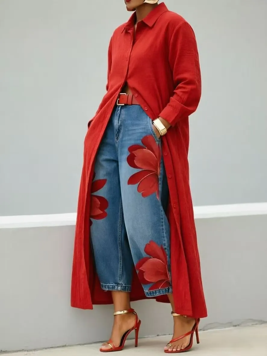 Floral Denim Wide Leg Pants with Slimming Effect