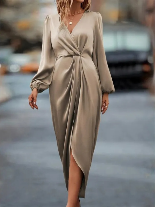Elegant cross-neck pleated slit puff-sleeve dress with irregular hem