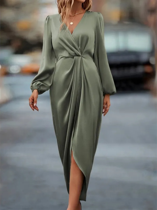 Elegant cross-neck pleated slit puff-sleeve dress with irregular hem
