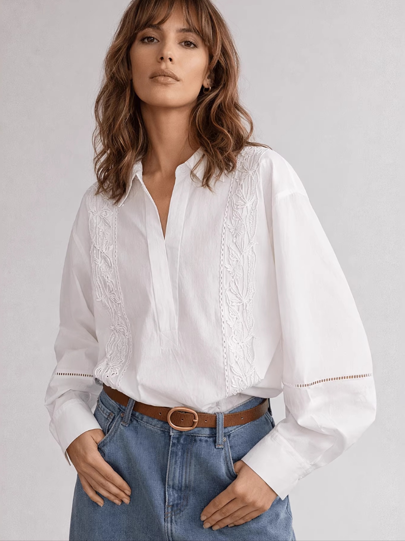 Elegant embroidered lantern sleeve white blouse for office