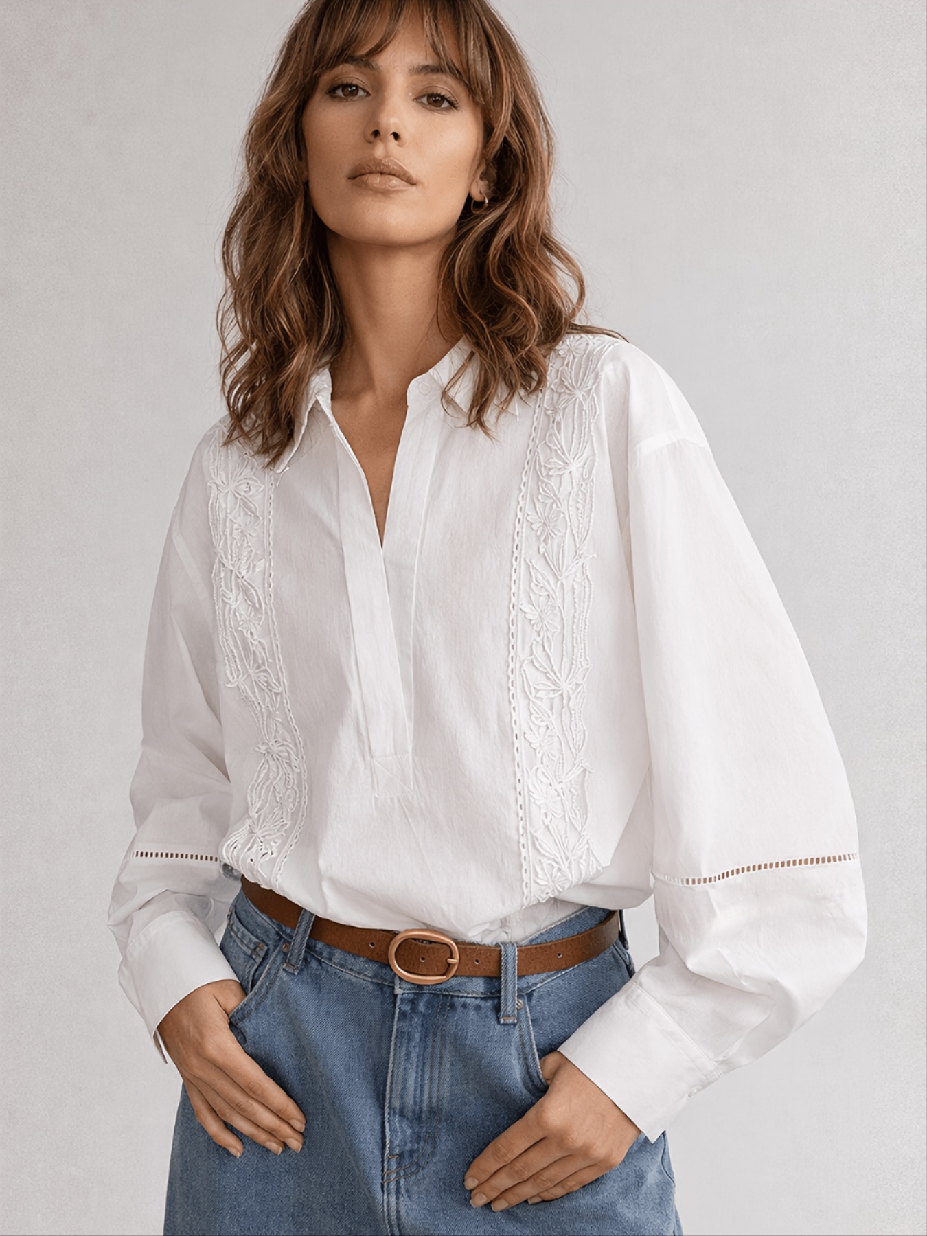 Elegant embroidered lantern sleeve white blouse for office