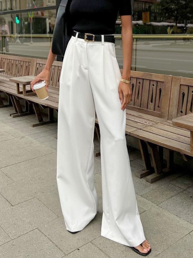 White high-waist casual trousers, loose fit, simple office style, suit pants