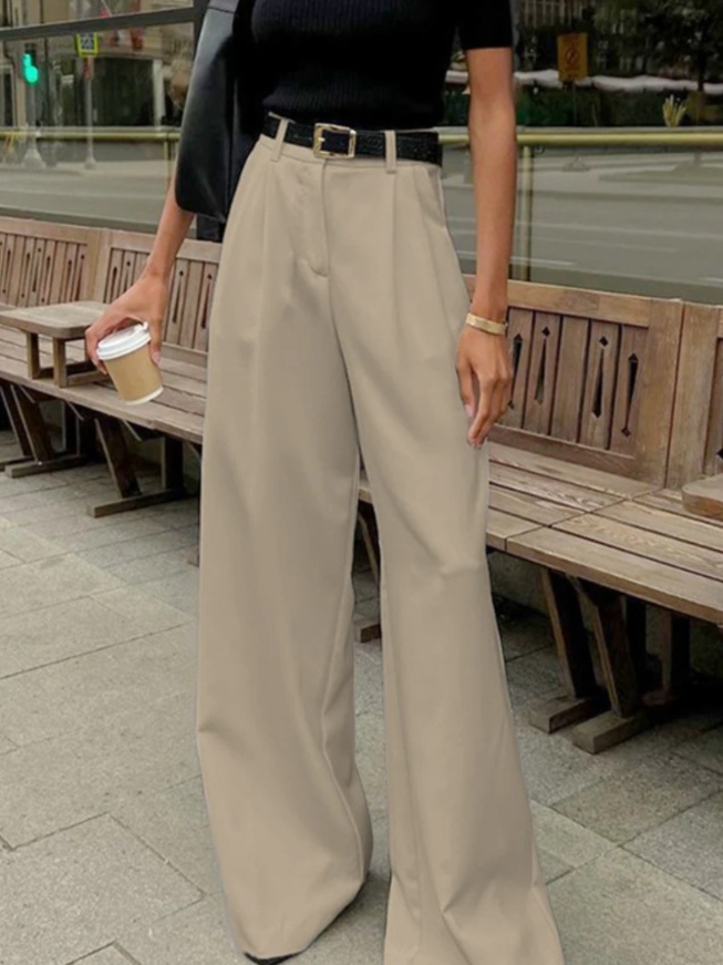 White high-waist casual trousers, loose fit, simple office style, suit pants