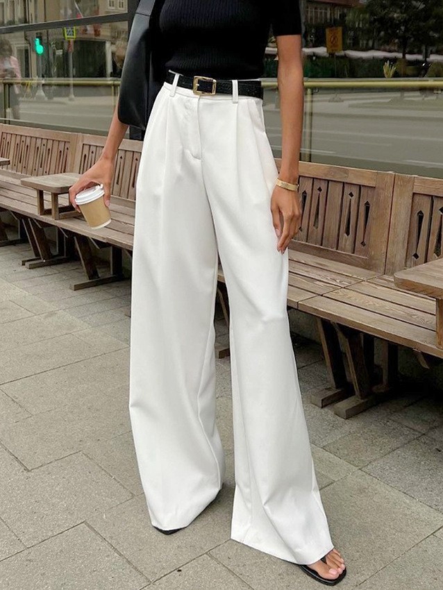 White High-Waist Casual Trousers Loose Fit Simple Office Style Long Pants