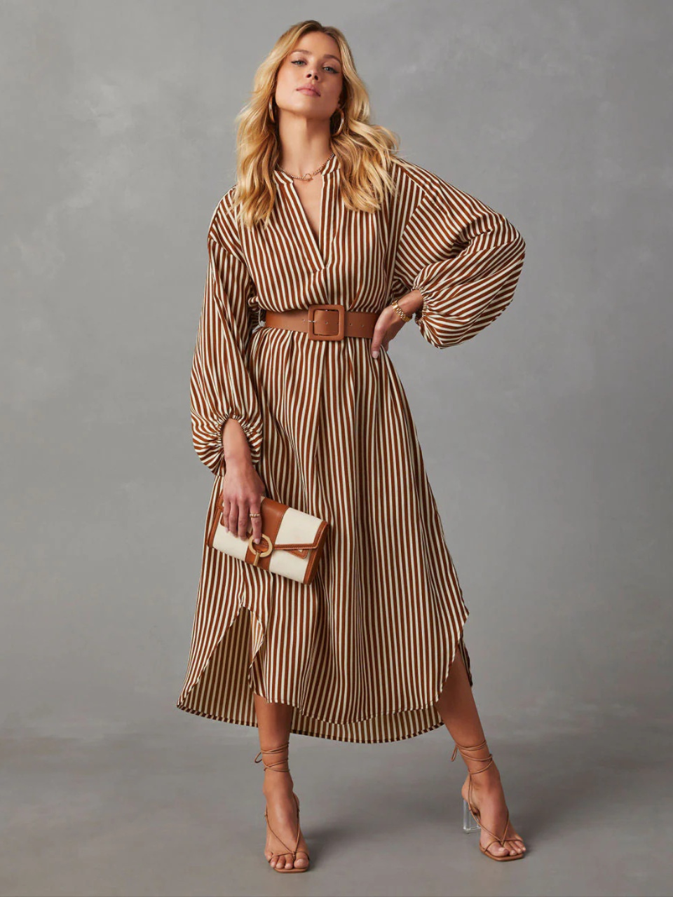 Striped long-sleeve shirt dress with V-neck and loose fit