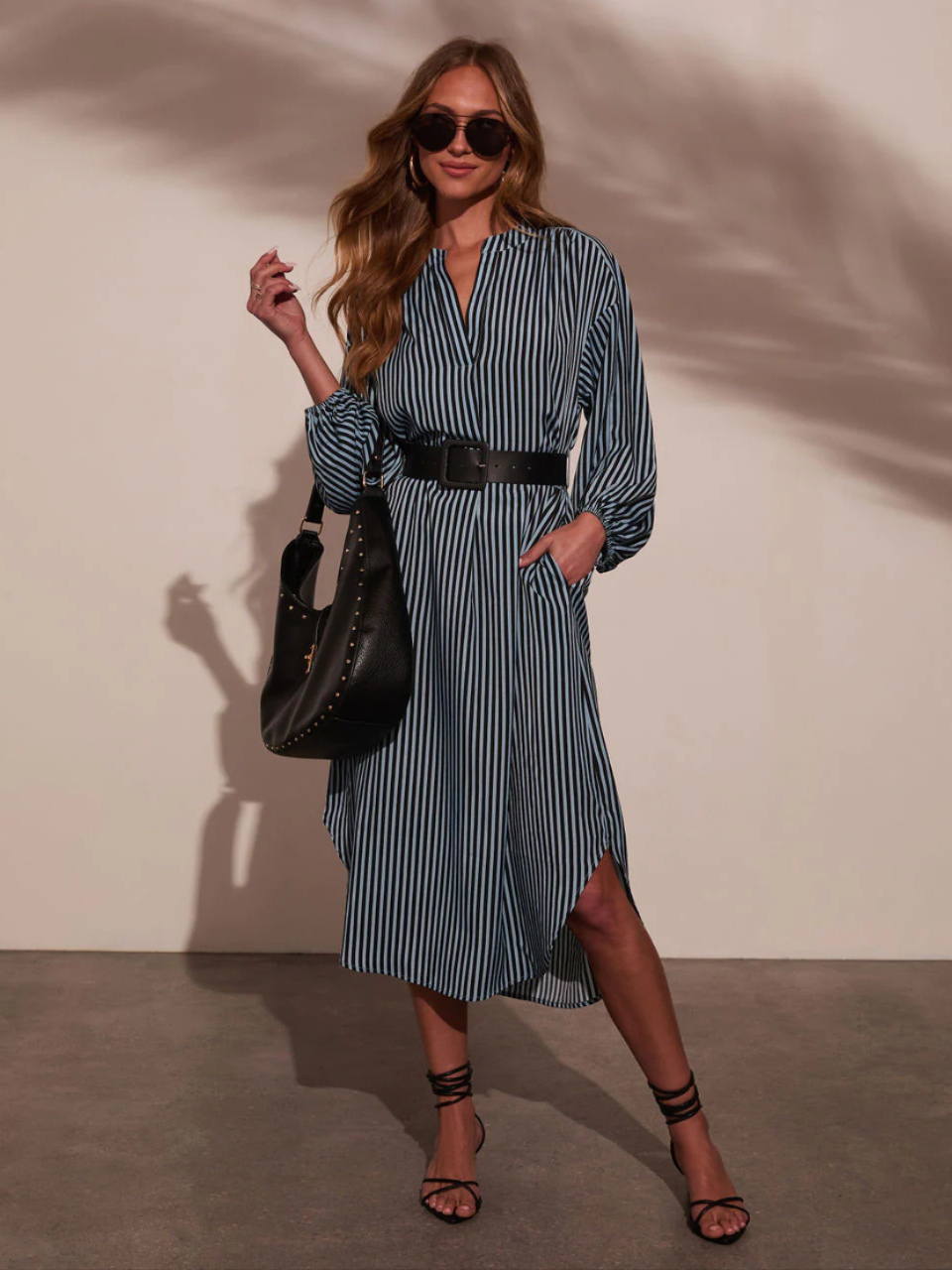 Striped long-sleeve shirt dress with V-neck and loose fit