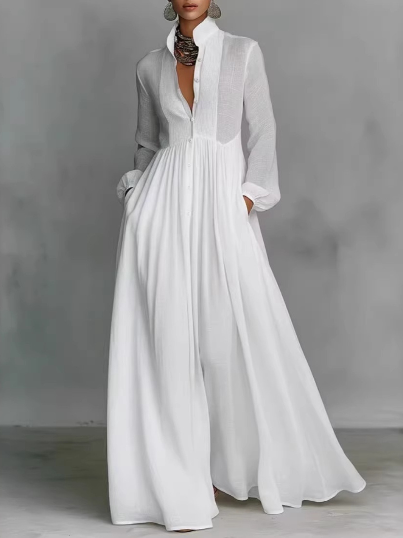 Elegant waist-slimming long-sleeved pleated vacation-style maxi dress