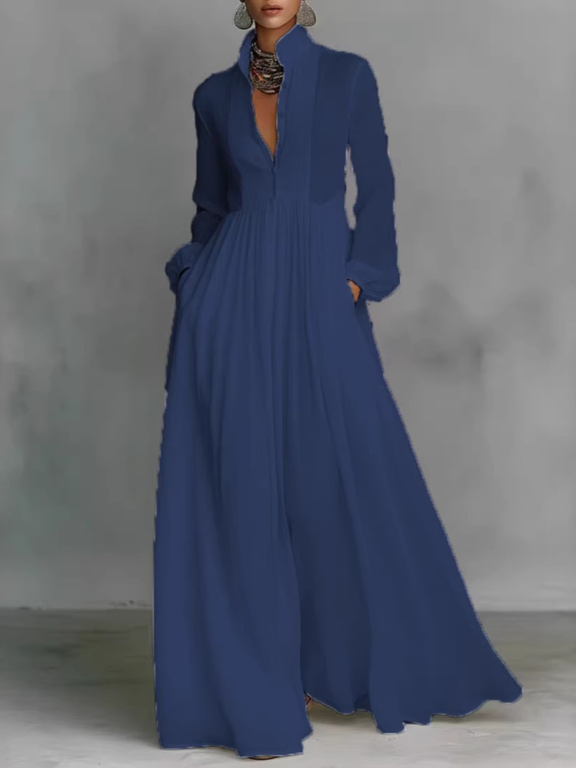 Elegant waist-slimming long-sleeved pleated vacation-style maxi dress