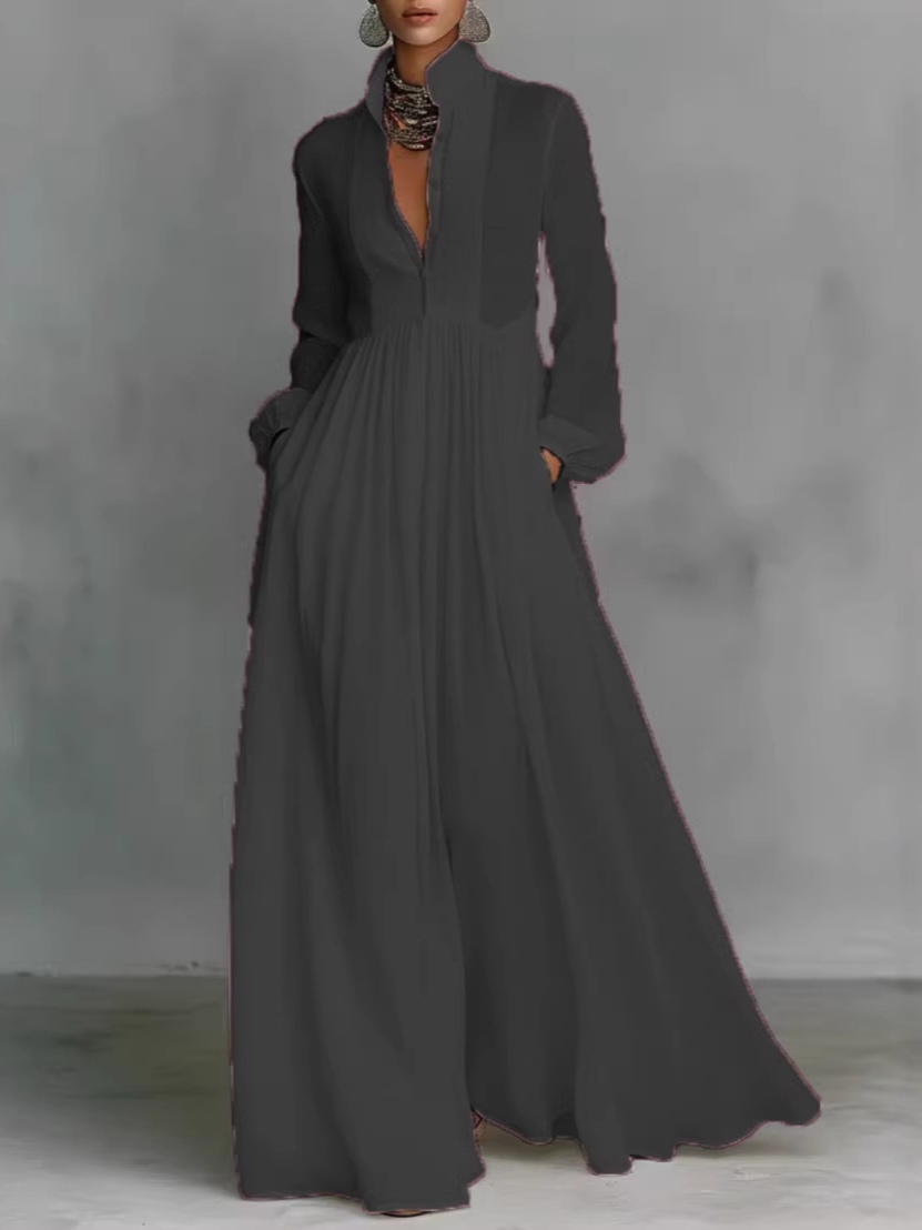 Elegant waist-slimming long-sleeved pleated vacation-style maxi dress
