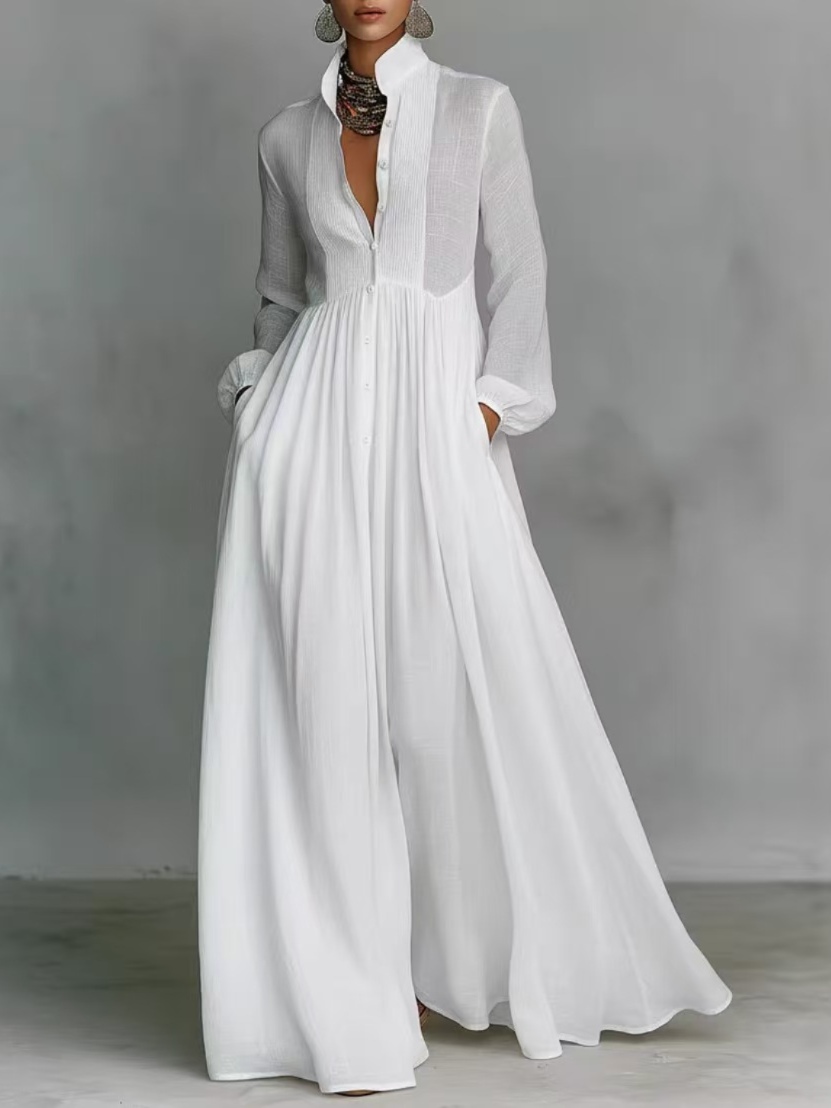 Elegant waist-slimming long-sleeved pleated vacation-style maxi dress