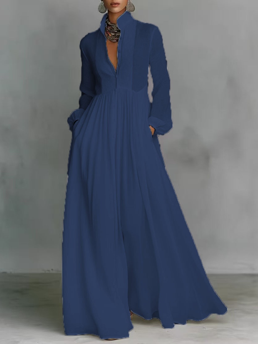 Elegant waist-slimming long-sleeved pleated vacation-style maxi dress