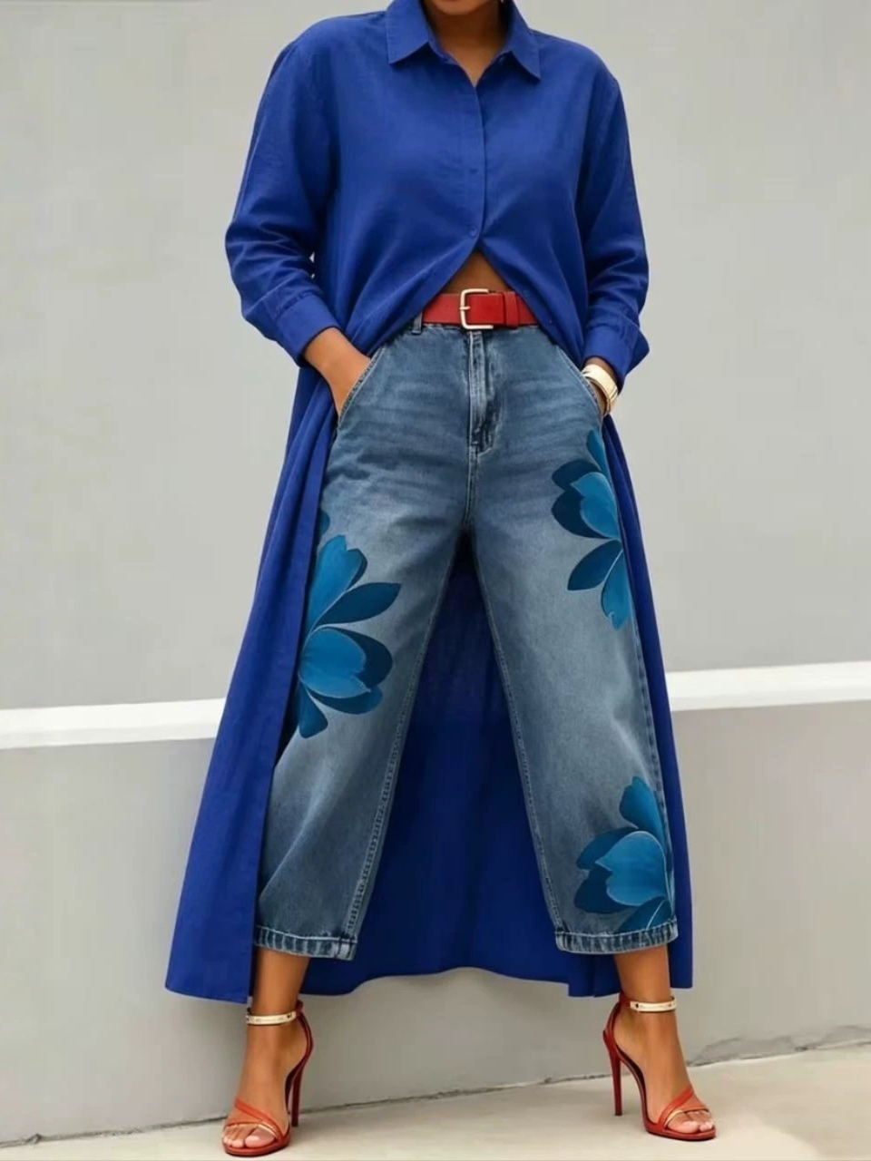 Floral relaxed-fit wide-leg denim pants