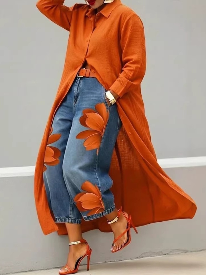 Women's casual loose-fit slimming solid single-breasted long-sleeve shirt