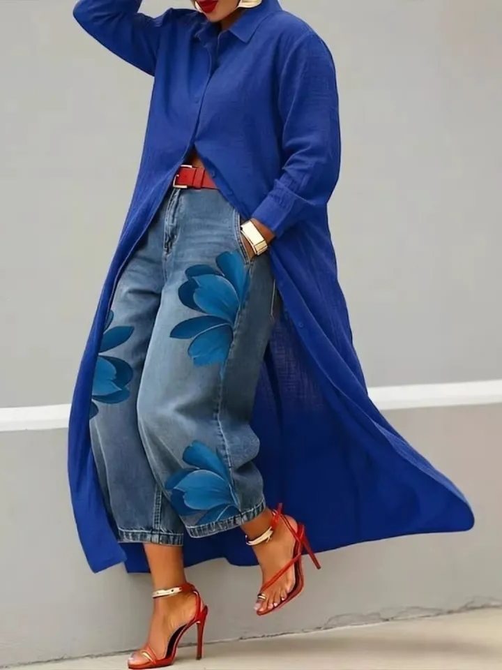 Women's casual loose-fit slimming solid single-breasted long-sleeve shirt