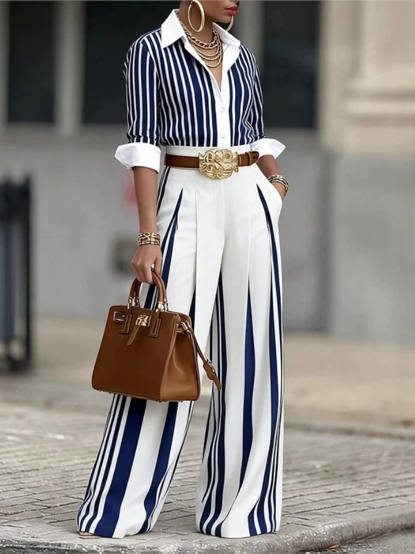 Chic casual 3/4 sleeve top and striped straight-leg pants commuting set