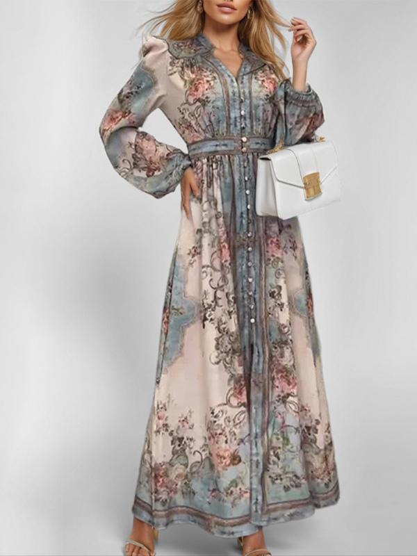 Vintage V-Neck Long Sleeve Floral Print A-Line Dress