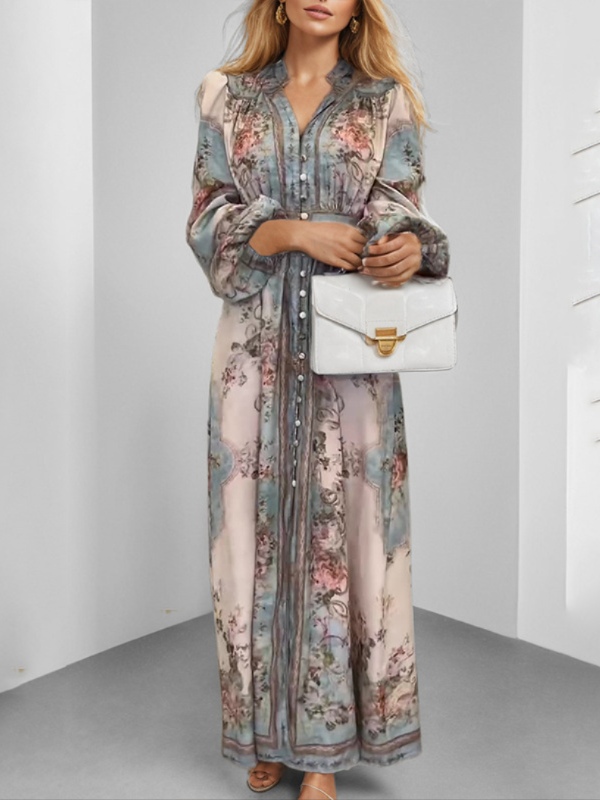 Vintage V-Neck Long Sleeve Floral Print A-Line Dress