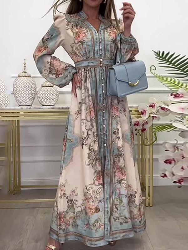 Vintage V-Neck Long Sleeve Floral Print A-Line Dress