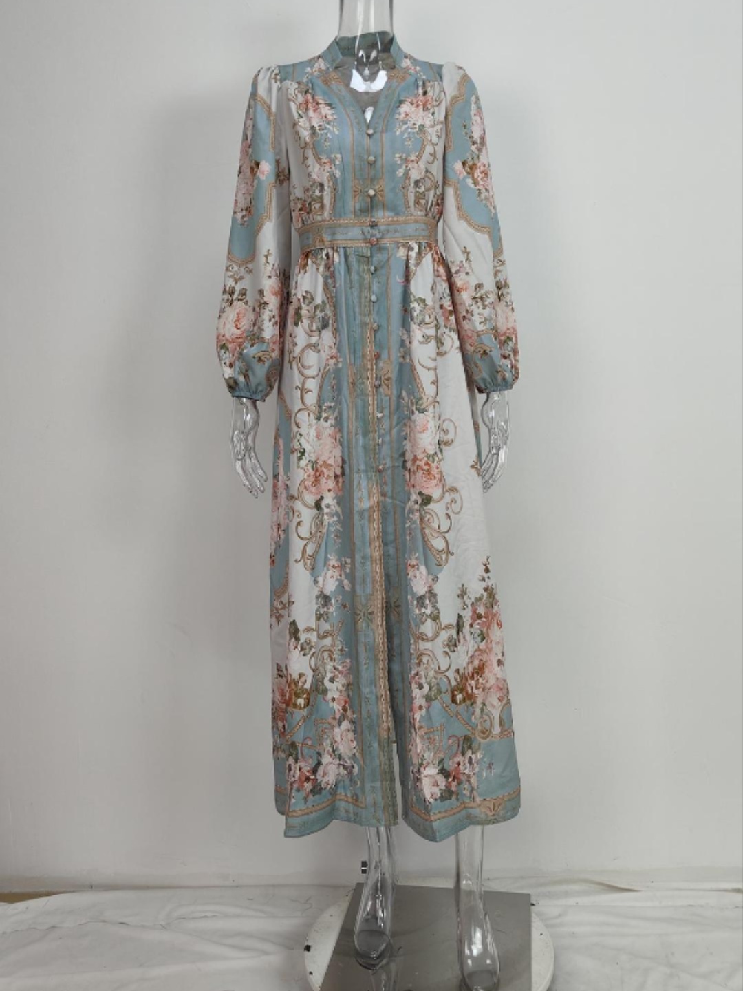 Vintage Court V-Neck Long Sleeve Floral Print Maxi Dress