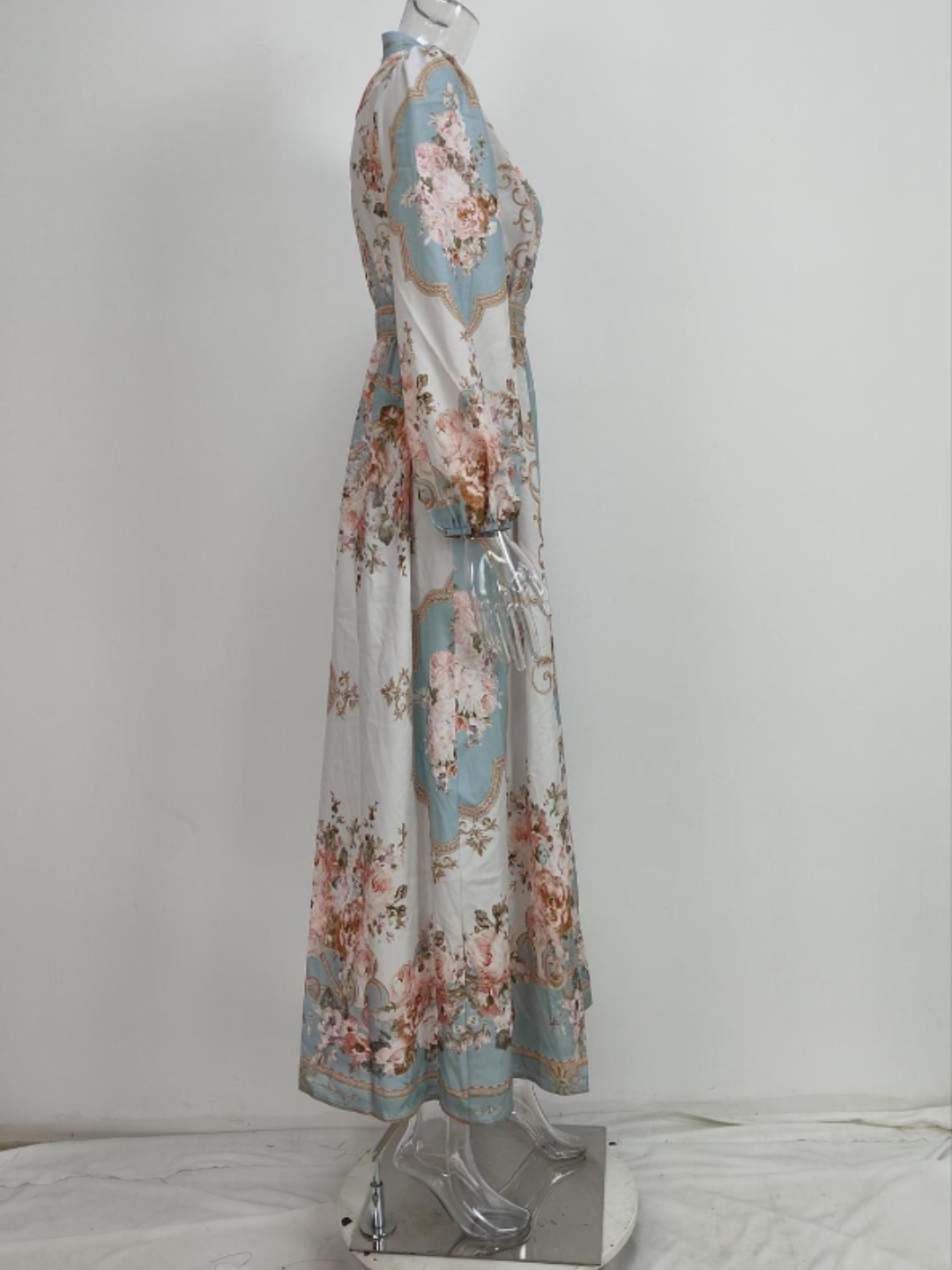 Vintage Court V-Neck Long Sleeve Floral Print Maxi Dress