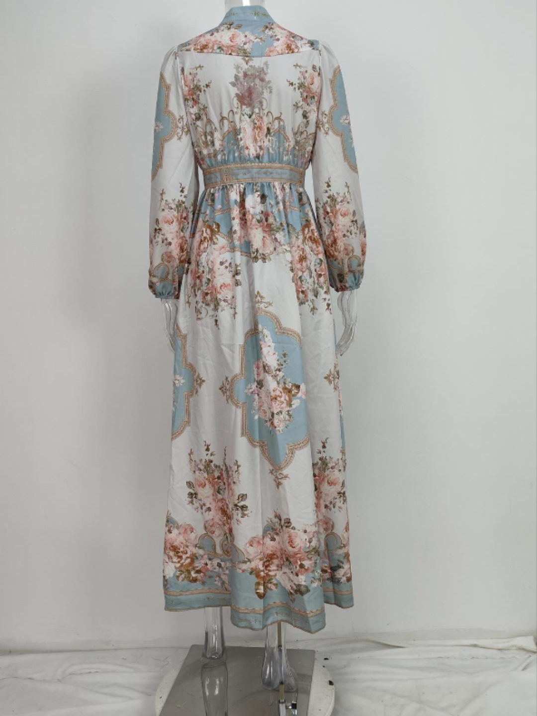 Vintage Court V-Neck Long Sleeve Floral Print Maxi Dress
