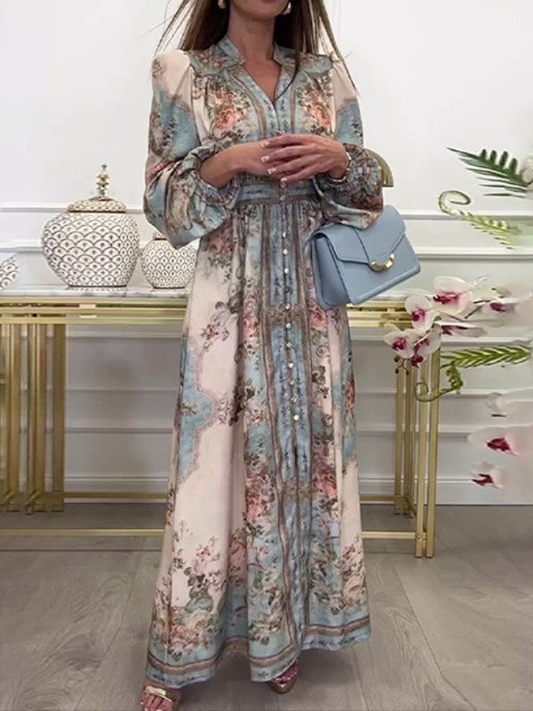 Vintage Court V-Neck Long Sleeve Floral Print Maxi Dress