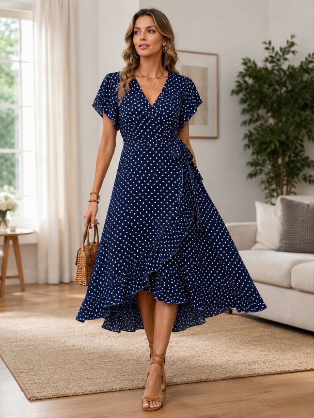 Plus size V-neck flutter sleeve dress with waist tie and asymmetrical ruffle hem