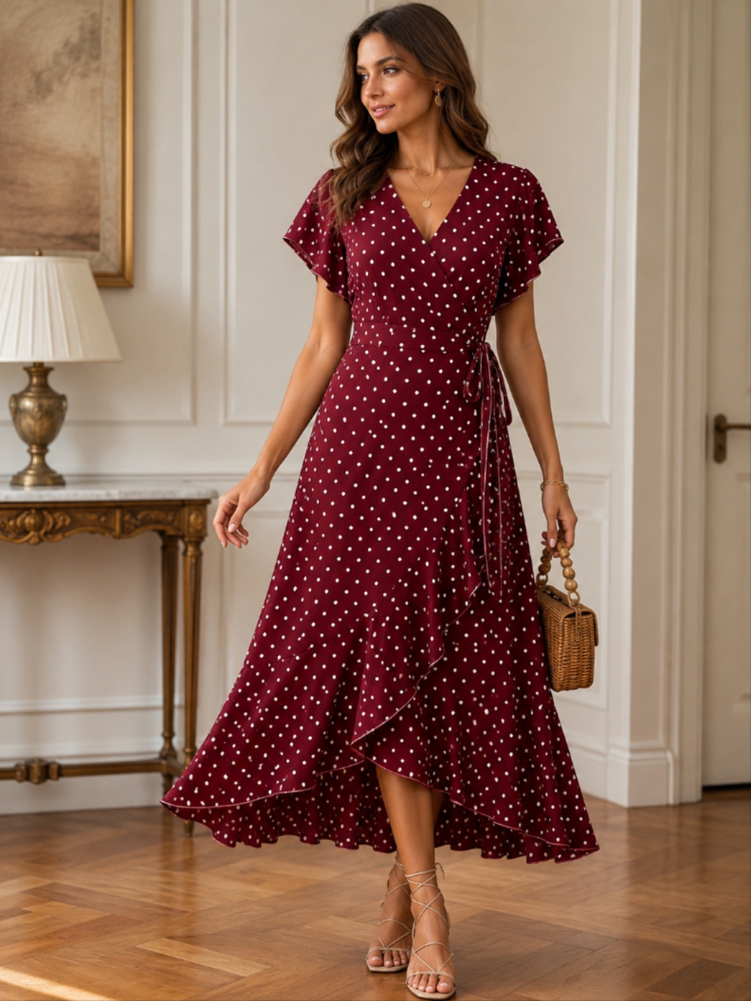 Plus size V-neck flutter sleeve dress with waist tie and asymmetrical ruffle hem