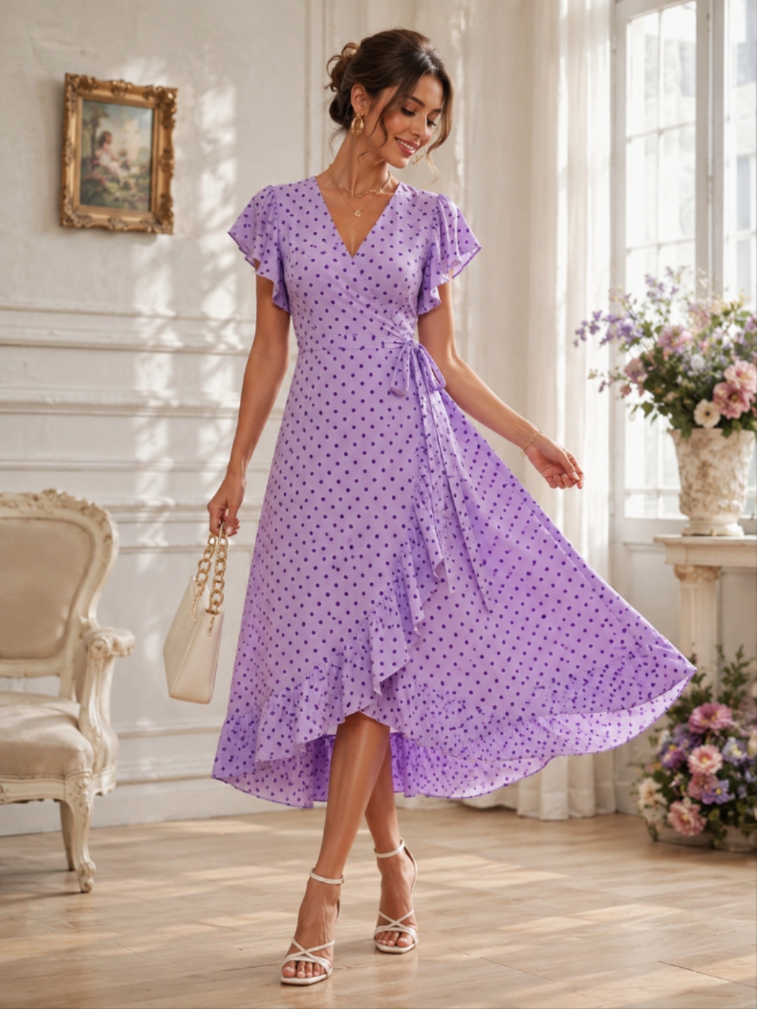 Plus size V-neck flutter sleeve dress with waist tie and asymmetrical ruffle hem