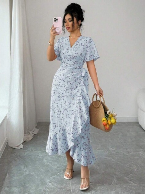 V-neck flutter sleeve waist-tie irregular ruffle plus-size work dress