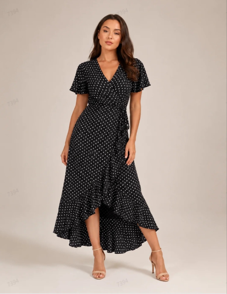 V-neck flutter sleeve waist-tie irregular ruffle plus-size work dress