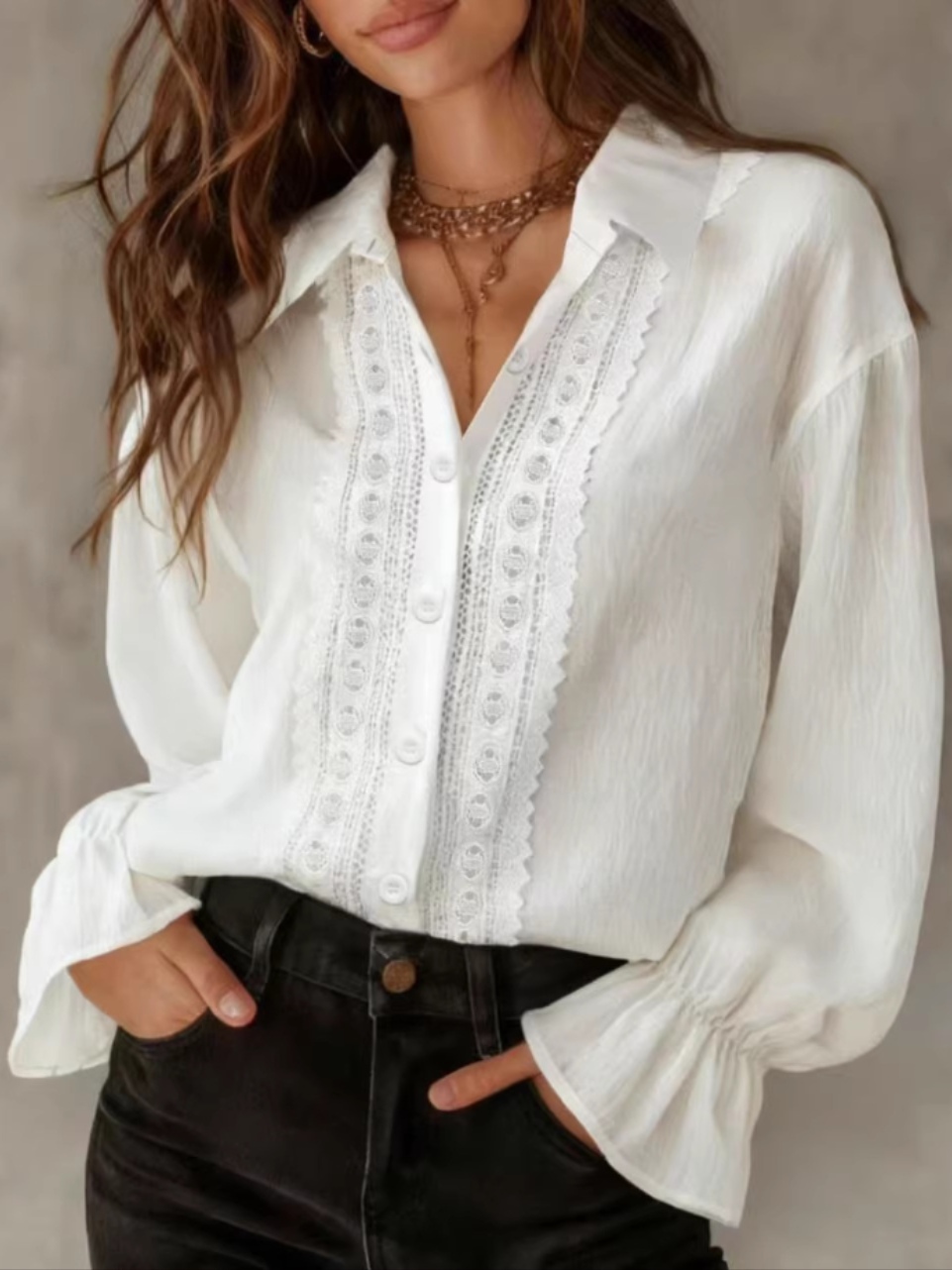 Notch lapel single-breasted lace-trim long-sleeve shirt