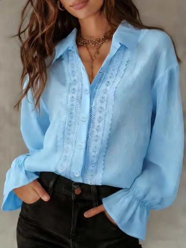 Notch lapel single-breasted lace-trim long-sleeve shirt