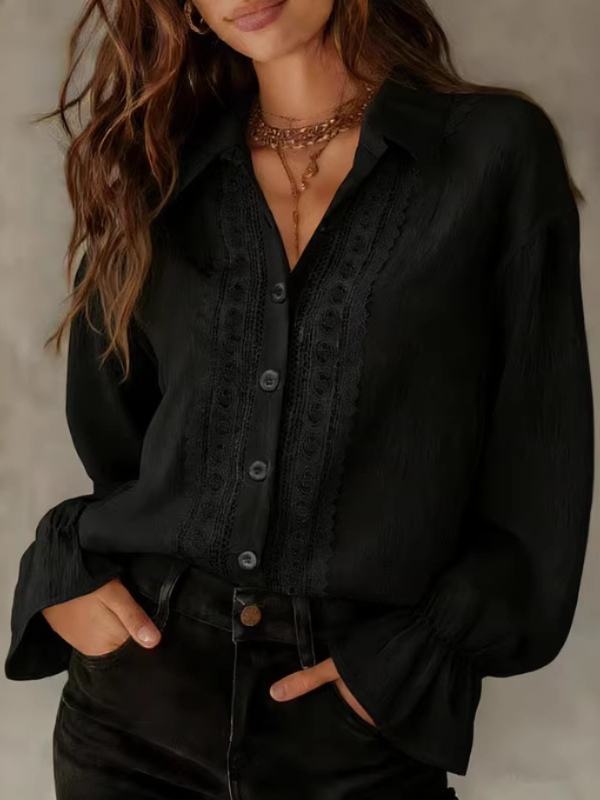Notch lapel single-breasted lace-trim long-sleeve shirt