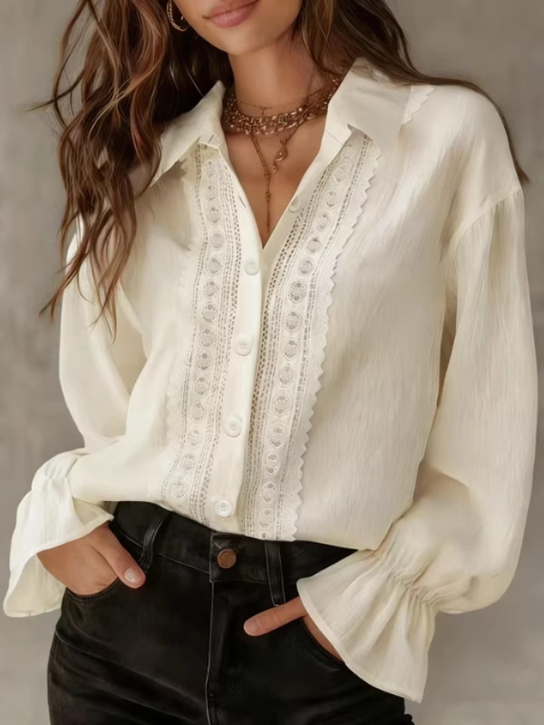 Notch lapel single-breasted lace-trim long-sleeve shirt
