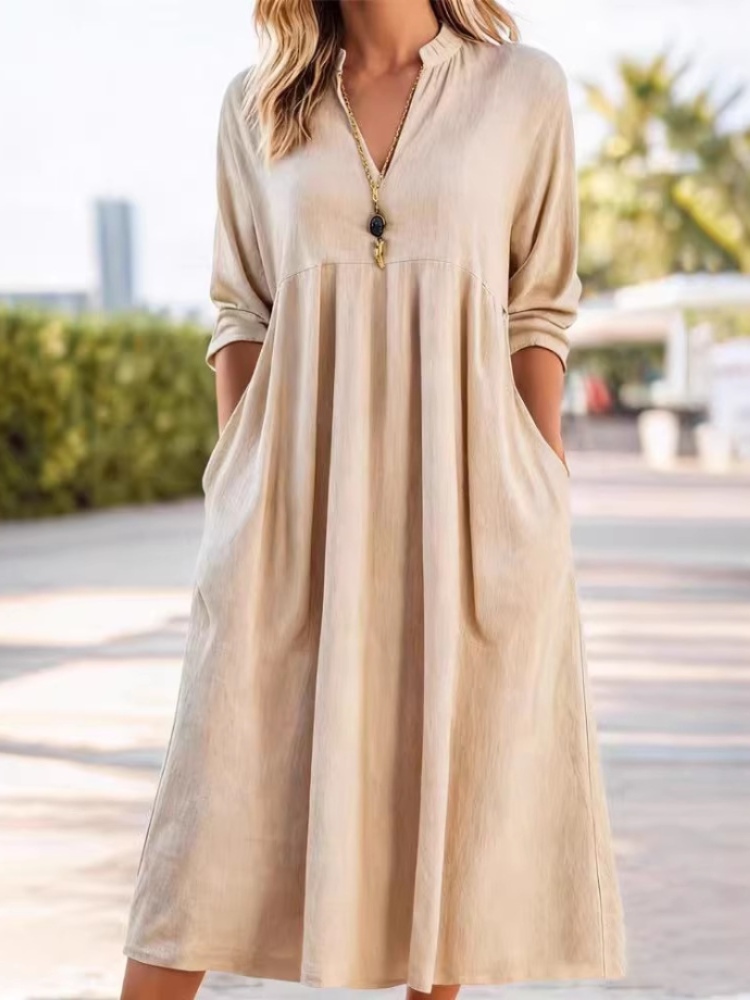 Loose linen-cotton 3/4 sleeve V-neck dress