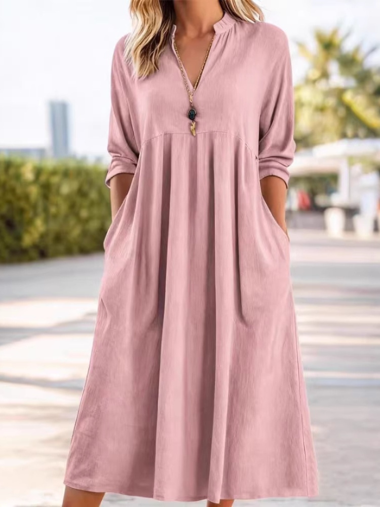 Loose linen-cotton 3/4 sleeve V-neck dress