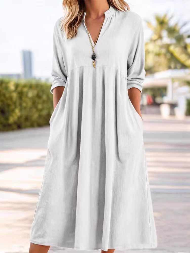 Loose linen-cotton 3/4 sleeve V-neck dress
