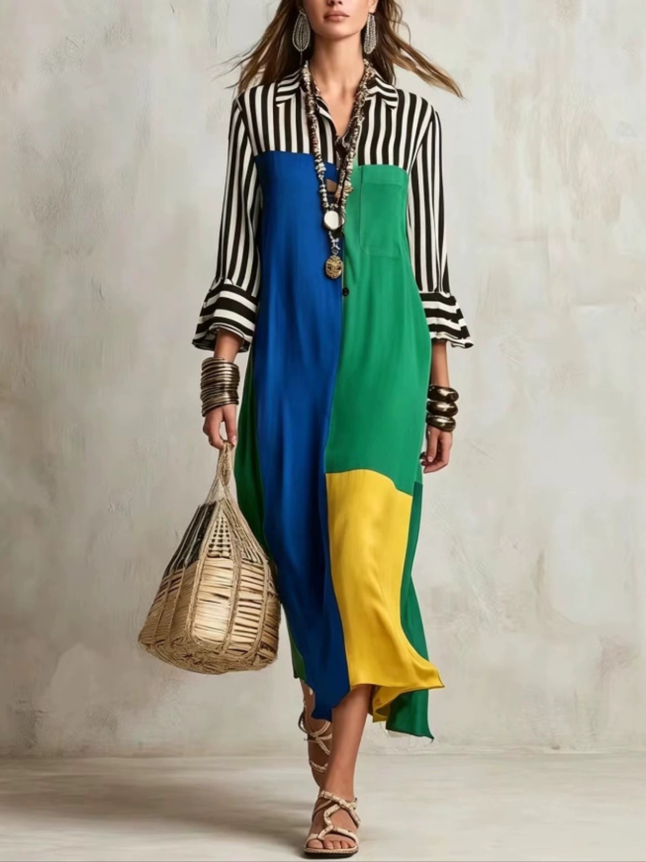 Color-block striped loose V-neck split long-sleeve shirt dress