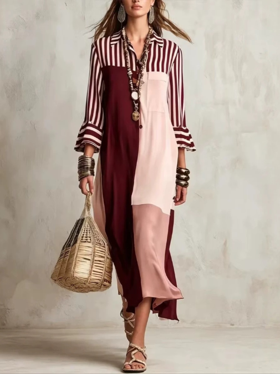 Color-block striped loose V-neck split long-sleeve shirt dress