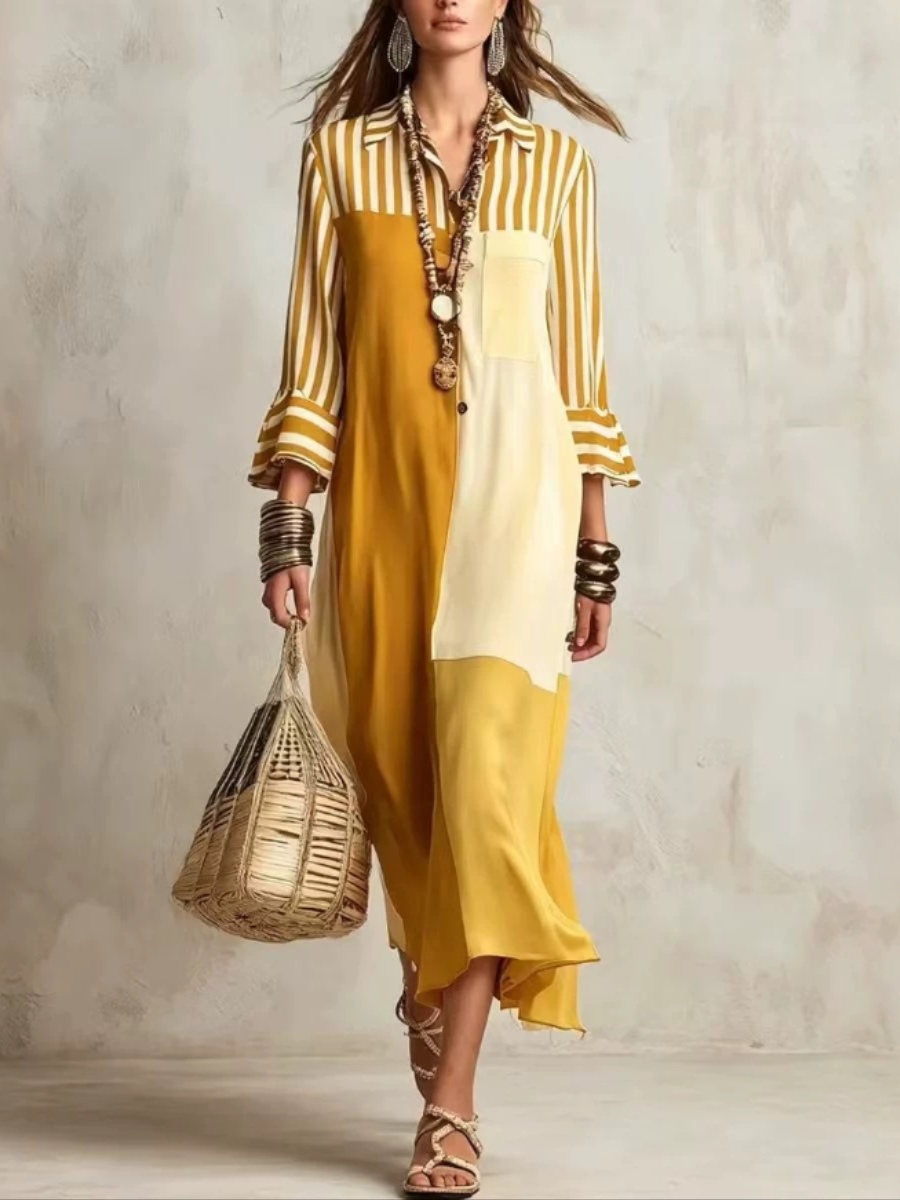Color-block striped loose V-neck split long-sleeve shirt dress