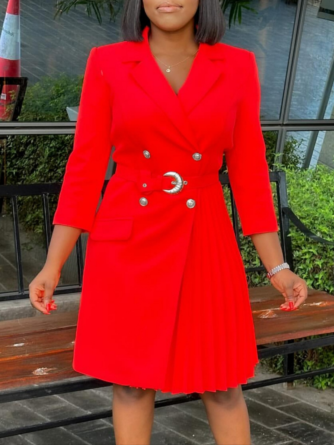 High-waist pleated mid-length blazer dress with waist-defining design