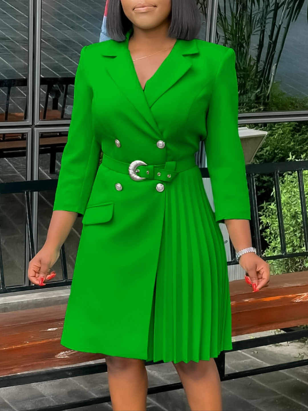 High-waist pleated mid-length blazer dress with waist-defining design