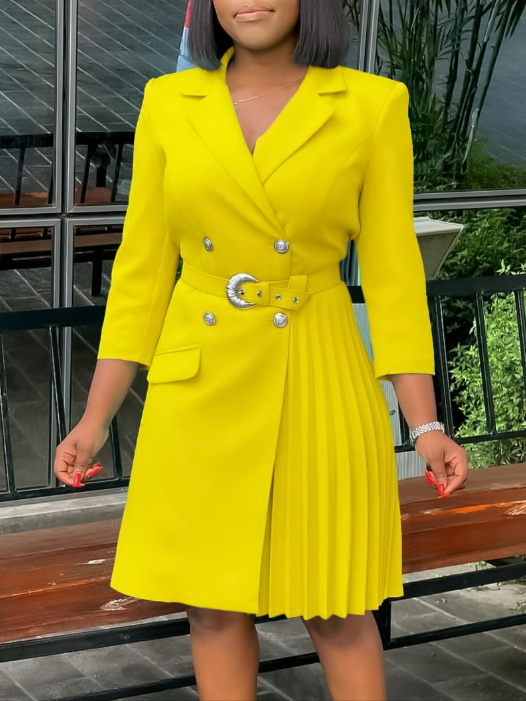 High-waist pleated mid-length blazer dress with waist-defining design