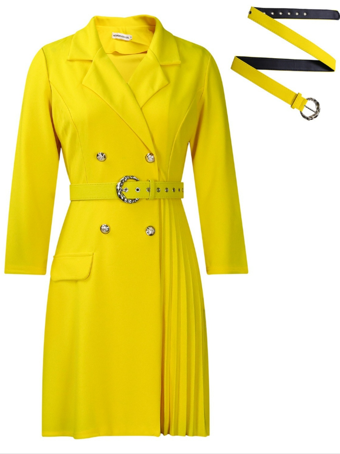 High-waist pleated mid-length blazer dress with waist-defining design