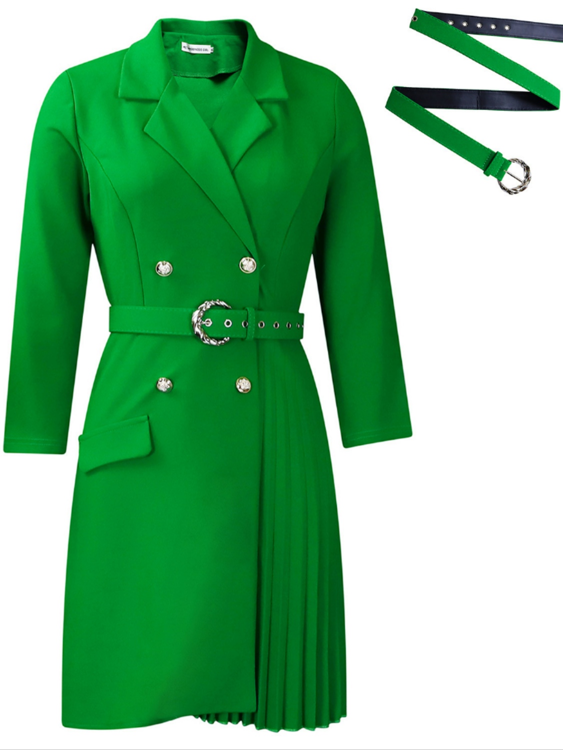 High-waist pleated mid-length blazer dress with waist-defining design