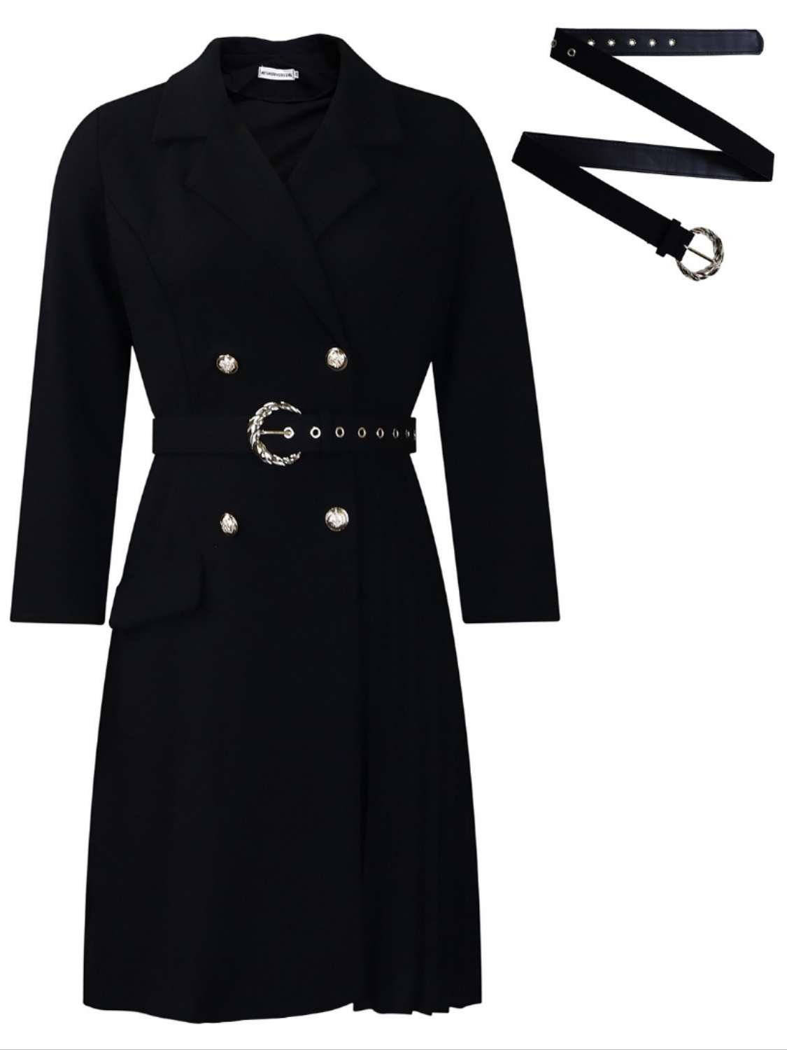 High-waist pleated mid-length blazer dress with waist-defining design