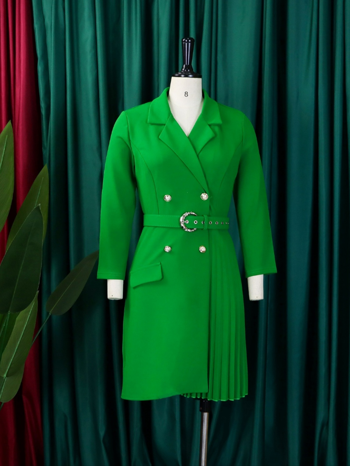 High-Waist Pleated Midi Suit Dress with Waist Cinching