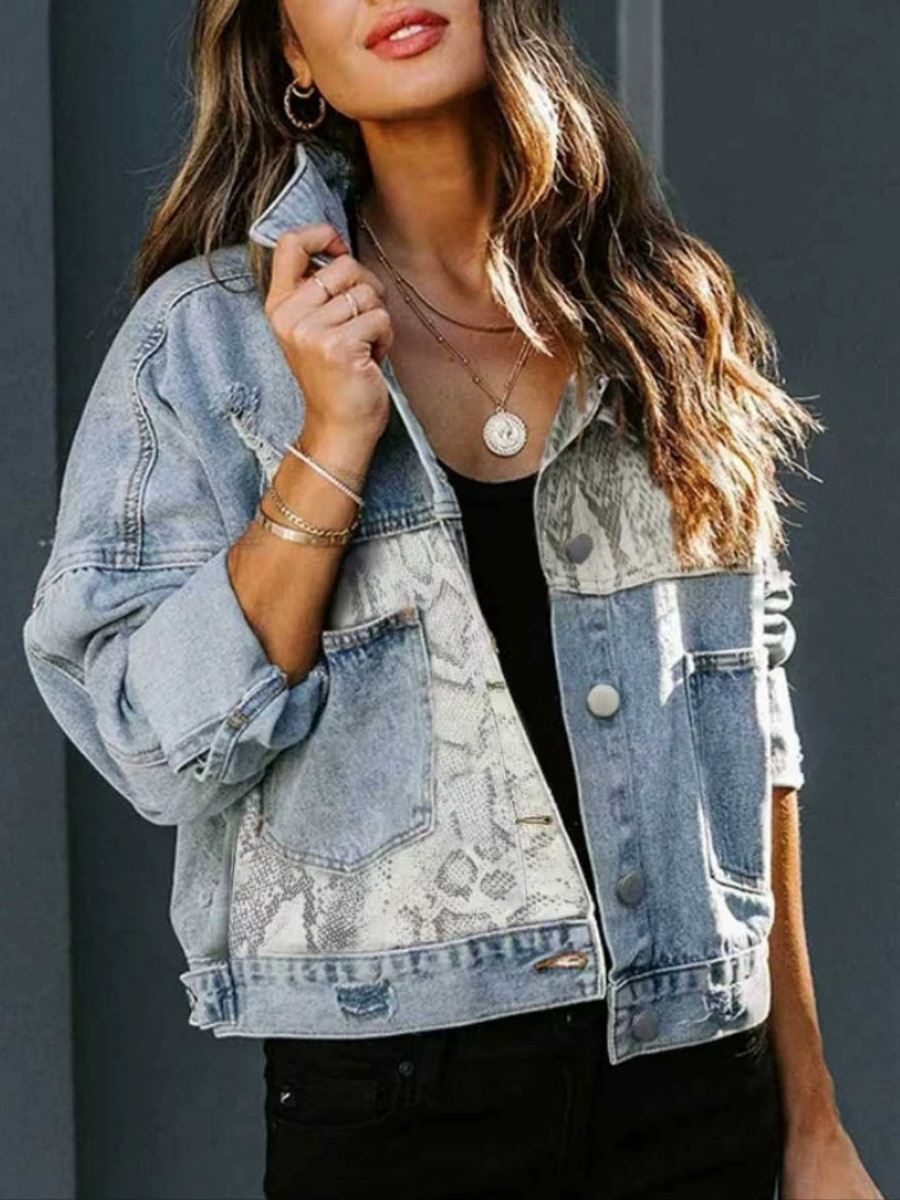 Leopard Print Patchwork Long-Sleeve Denim Jacket