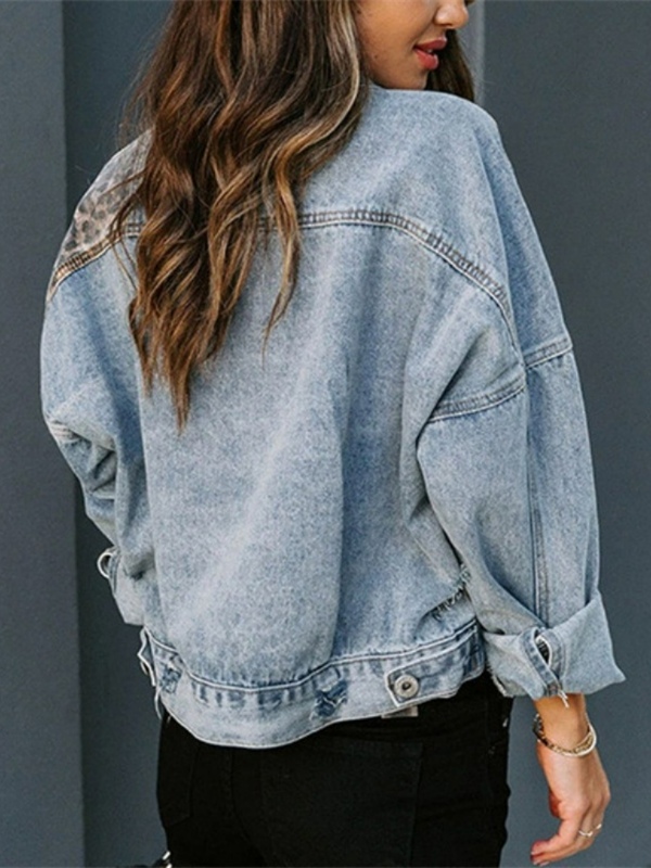 Leopard Print Patchwork Long-Sleeve Denim Jacket